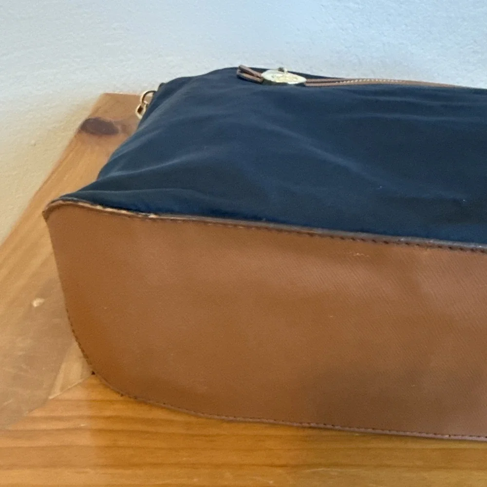 Michael Kors Kempton Tote Navy Nylon & Brown Trim Gold Tone Hardware Accents